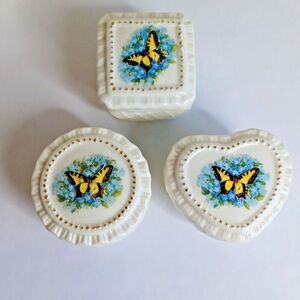 3 Vintage Ceramic Trinket Boxes Butterflies Fluttering about Pill Boxs Heart